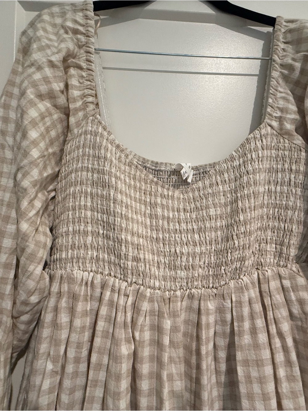 Beige Gingham Smocked Tiered Dress - Picture 2 of 3
